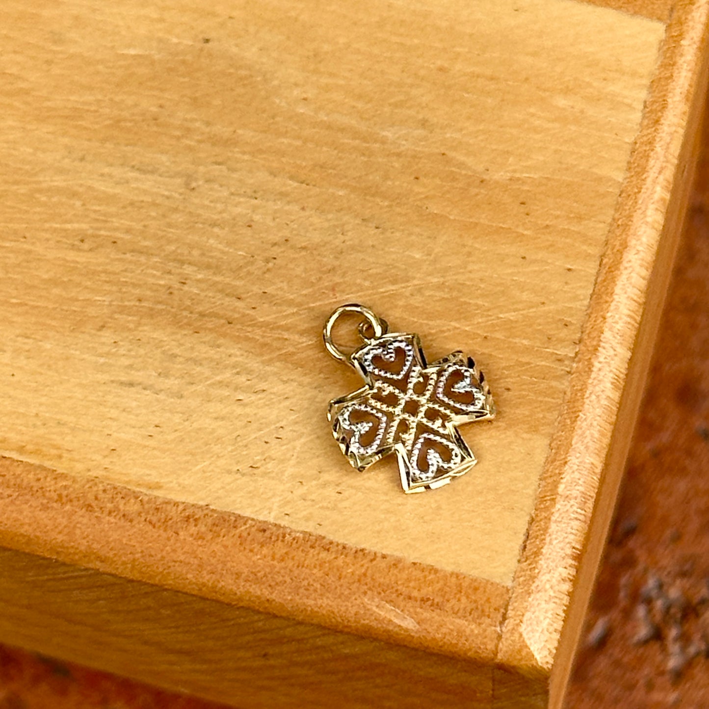 10KT Yellow + White Gold Cut-Out Hearts Design Small Cross Pendant Charm