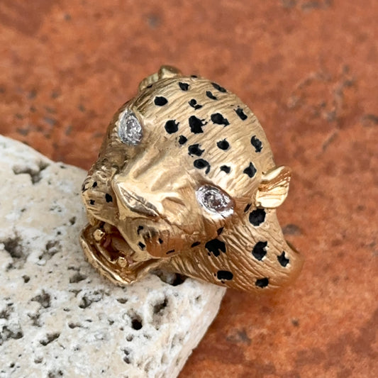 Estate 14KT Yellow Gold Pave Diamond + Enamel Panther Cougar Head Ring