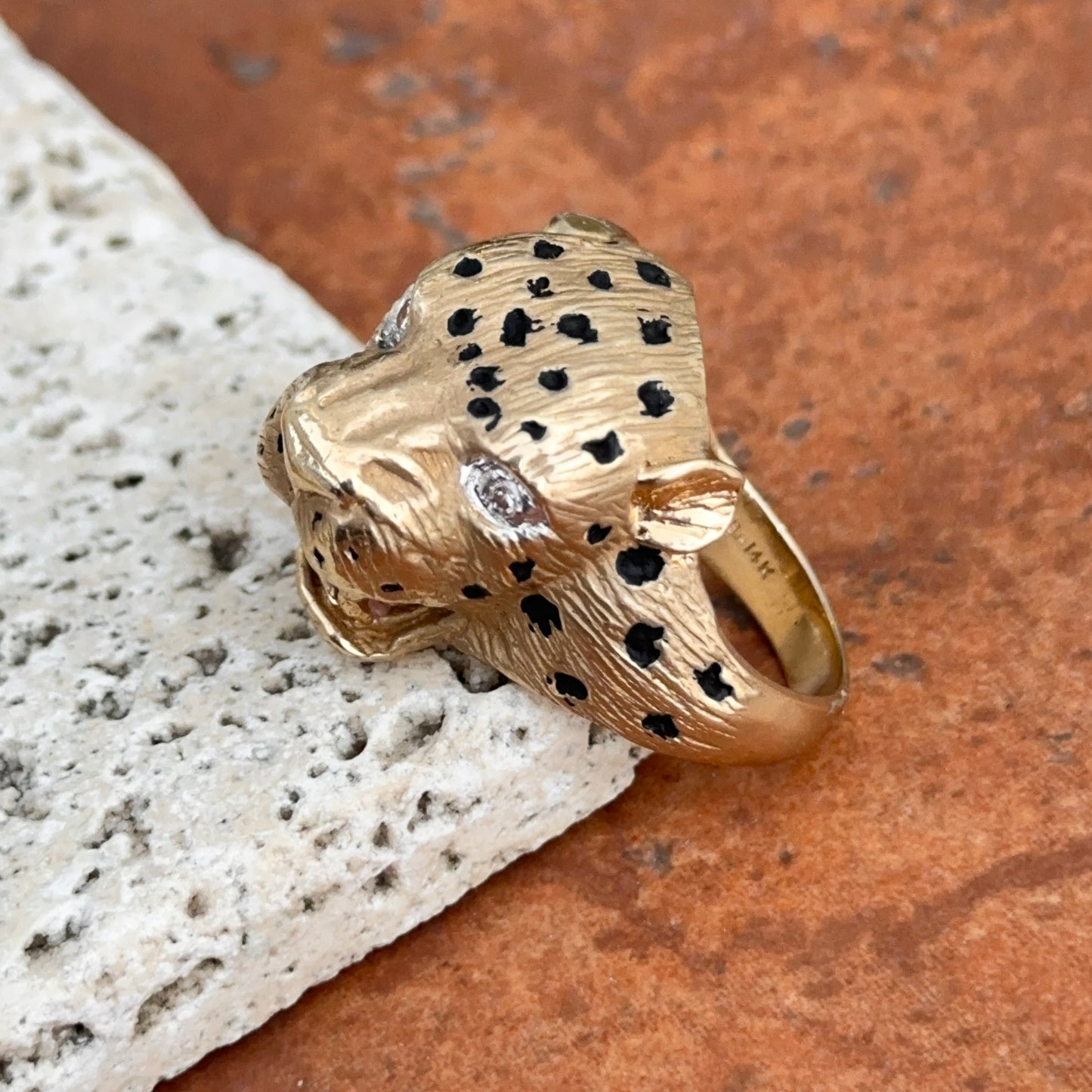 Estate 14KT Yellow Gold Pave Diamond + Enamel Panther Cougar Head Ring