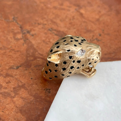 Estate 14KT Yellow Gold Pave Diamond + Enamel Panther Cougar Head Ring