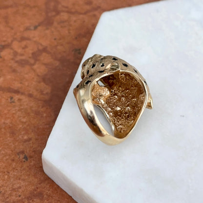 Estate 14KT Yellow Gold Pave Diamond + Enamel Panther Cougar Head Ring