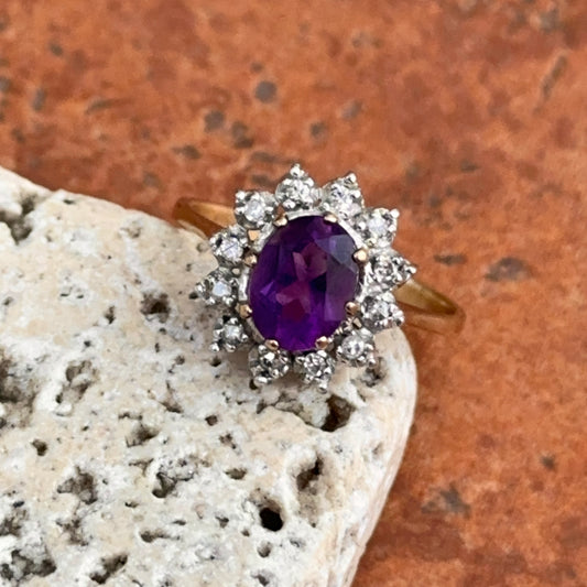 Estate 10KT Yellow Gold Pave Diamond Halo + Oval Purple Amethyst Ring