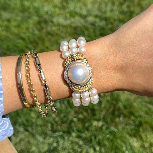 Esttae 18KT Yellow Gold Mabe Pearl + Diamond 3-Strand Bracelet