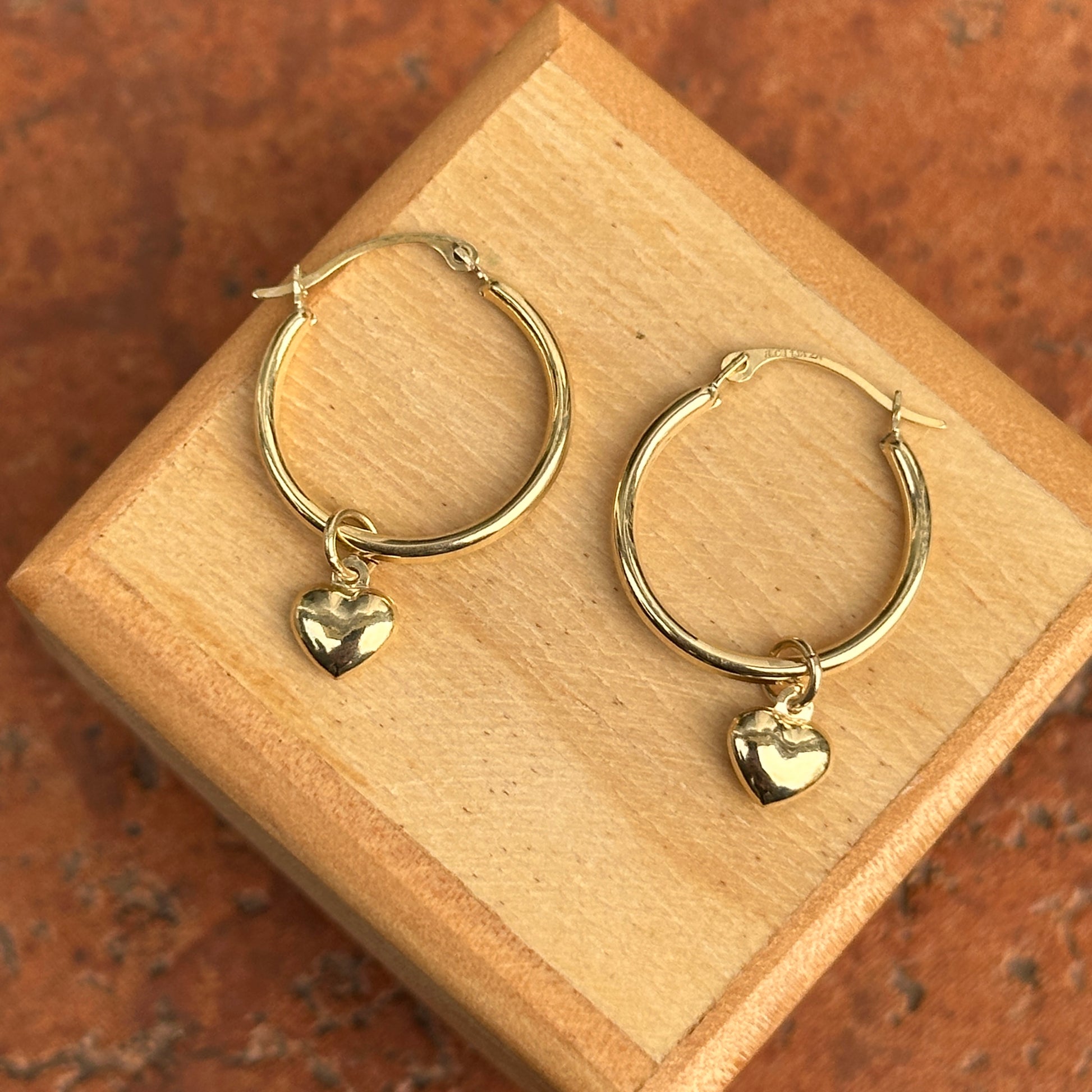 Gold Heart Charm Puffed Heart Earrings 14KT Yellow Gold Puffed