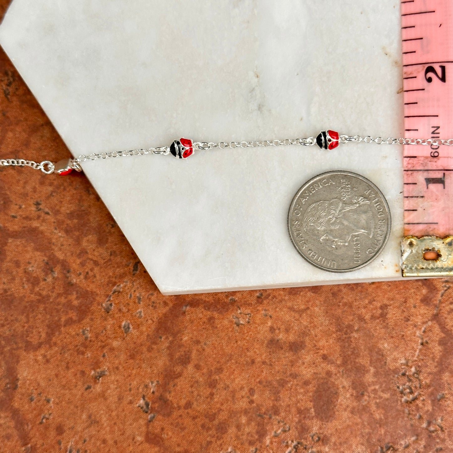 Sterling Silver Red & Black Enamel (3) Mini Ladybug Chain Bracelet