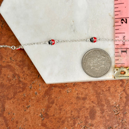 Sterling Silver Red & Black Enamel (3) Mini Ladybug Chain Bracelet