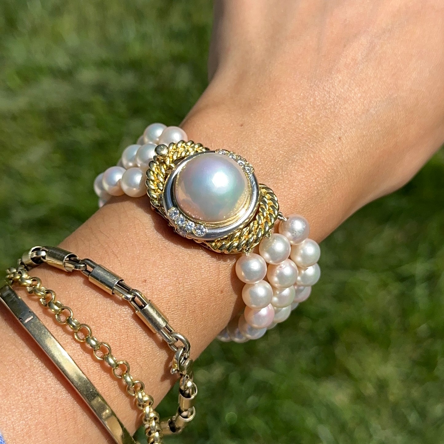 Esttae 18KT Yellow Gold Mabe Pearl + Diamond 3-Strand Bracelet