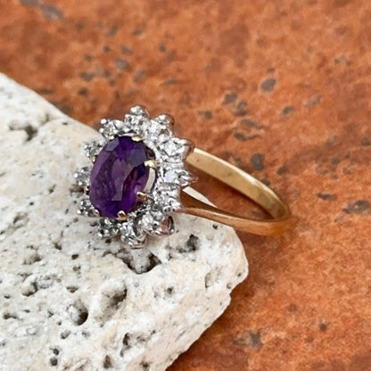 Estate 10KT Yellow Gold Pave Diamond Halo + Oval Purple Amethyst Ring