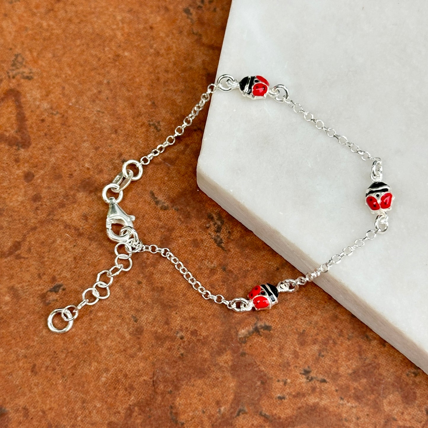 Sterling Silver Red & Black Enamel (3) Mini Ladybug Chain Bracelet