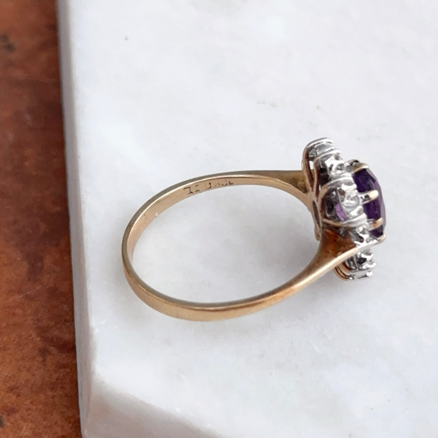 Estate 10KT Yellow Gold Pave Diamond Halo + Oval Purple Amethyst Ring
