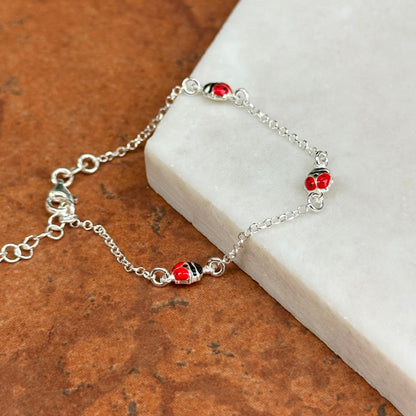 Sterling Silver Red & Black Enamel (3) Mini Ladybug Chain Bracelet