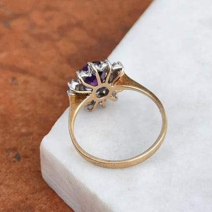 Estate 10KT Yellow Gold Pave Diamond Halo + Oval Purple Amethyst Ring