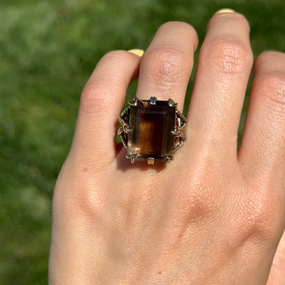 Estate 14KT Yellow Gold Emerald-Cut Smokey Quartz Ring