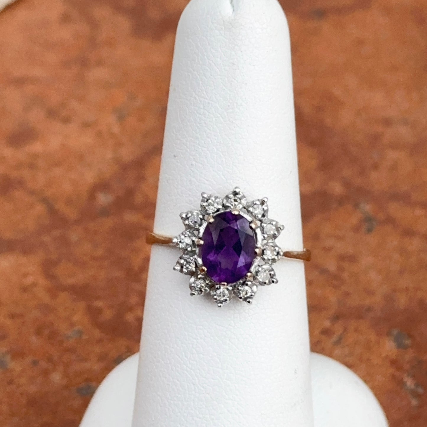 Estate 10KT Yellow Gold Pave Diamond Halo + Oval Purple Amethyst Ring
