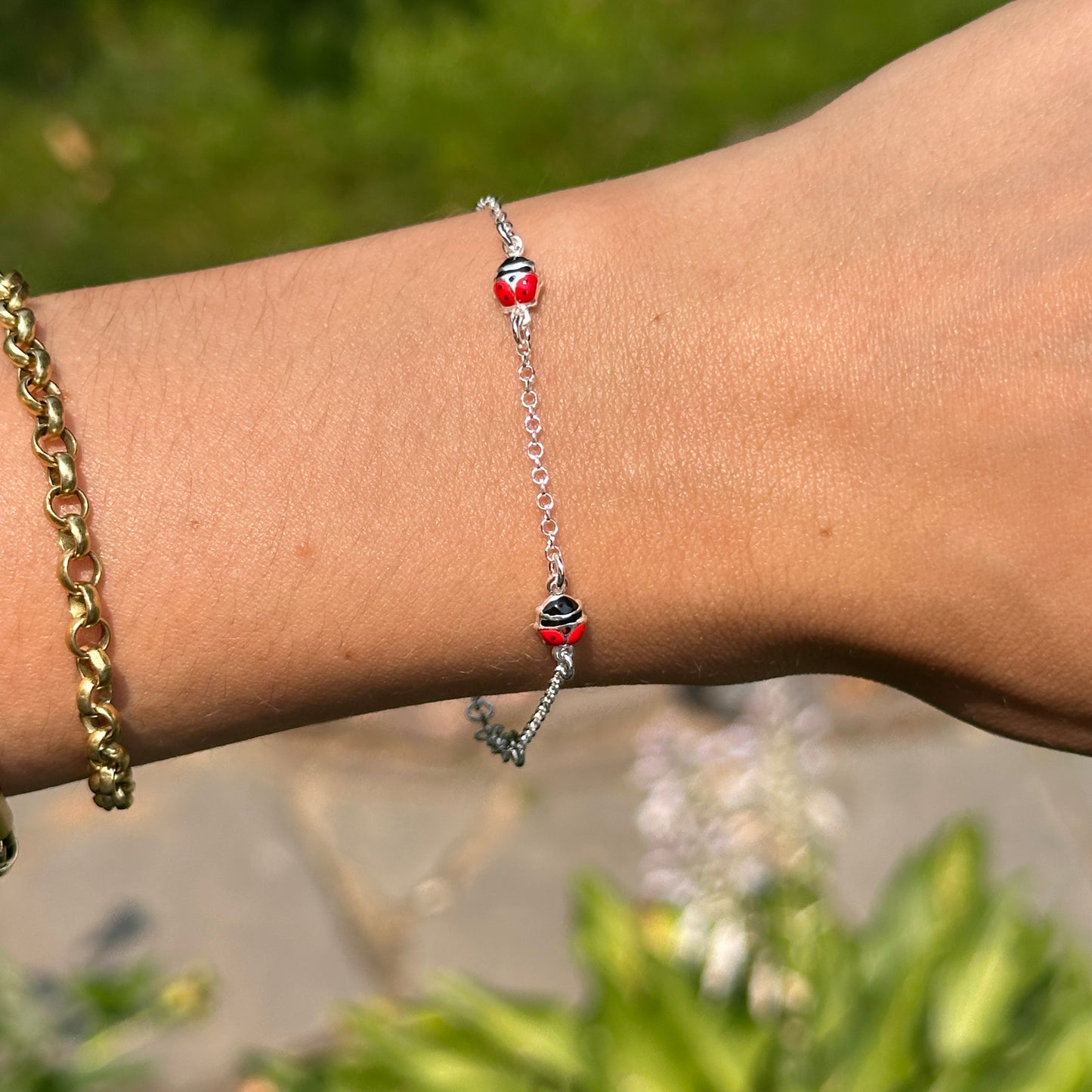 Sterling Silver Red & Black Enamel (3) Mini Ladybug Chain Bracelet