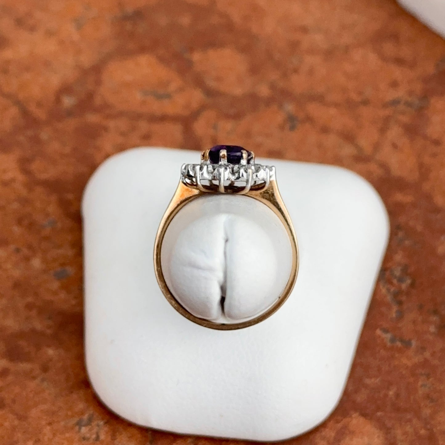 Estate 10KT Yellow Gold Pave Diamond Halo + Oval Purple Amethyst Ring