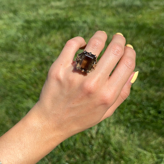 Estate 14KT Yellow Gold Emerald-Cut Smokey Quartz Ring