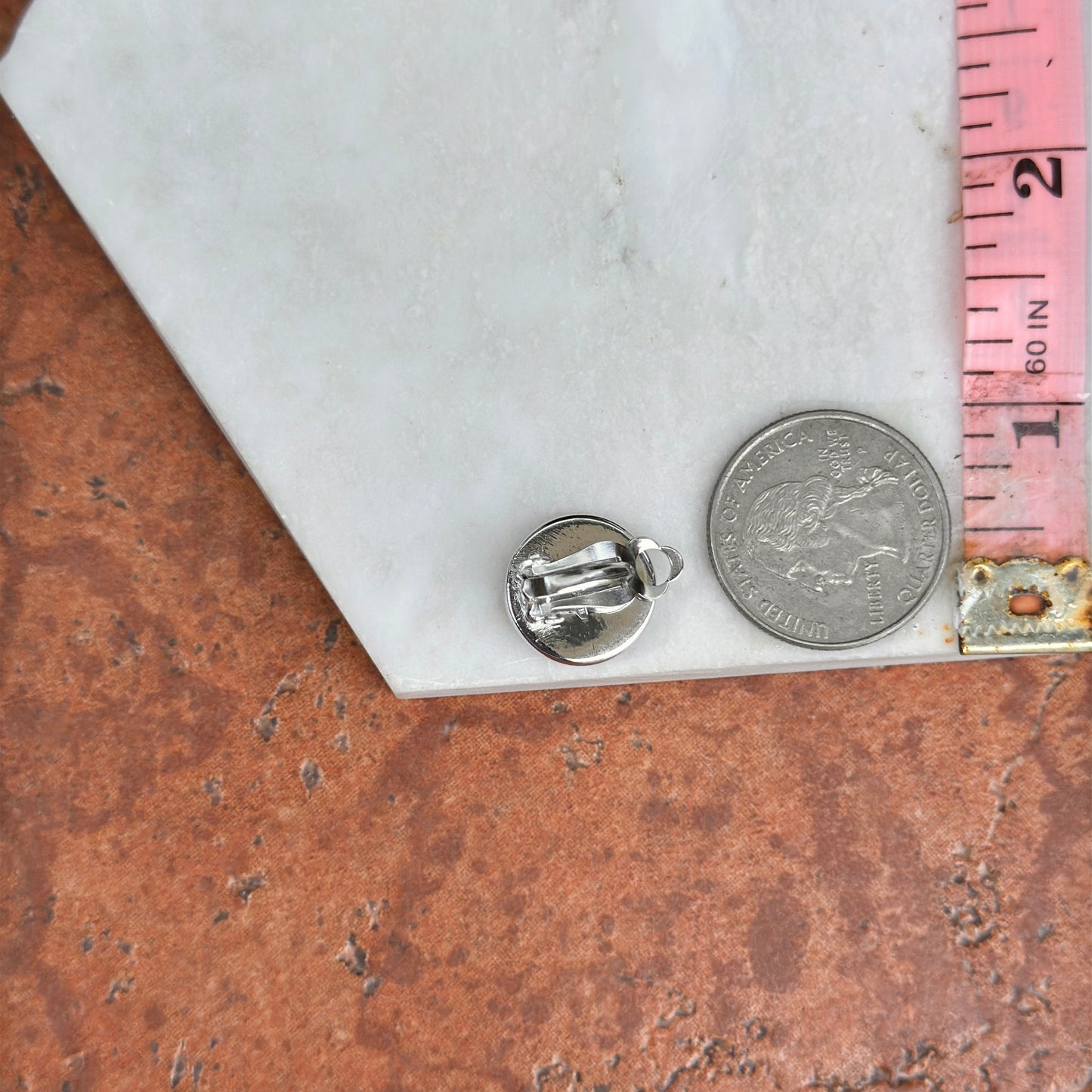 Sterling Silver Rhodium Plated Mother of Pearl Clip On Button Earrings