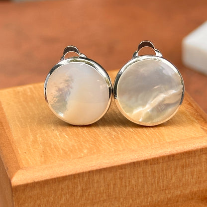 Sterling Silver Rhodium Plated Mother of Pearl Clip On Button Earrings