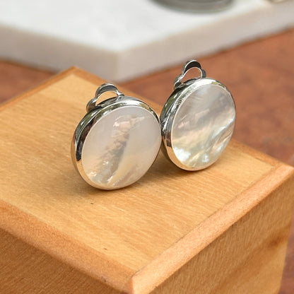 Sterling Silver Rhodium Plated Mother of Pearl Clip On Button Earrings
