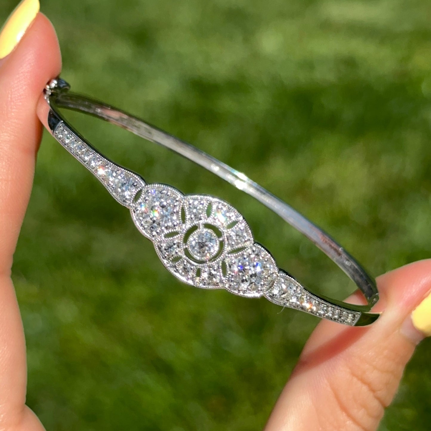 14kT White Gold 2 CT Diamond Filigree Art Deco Bangle Bracelet