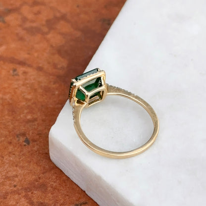 Estate 14KT Yellow Gold Square Emerald + Diamond Halo Ring Size 7.25