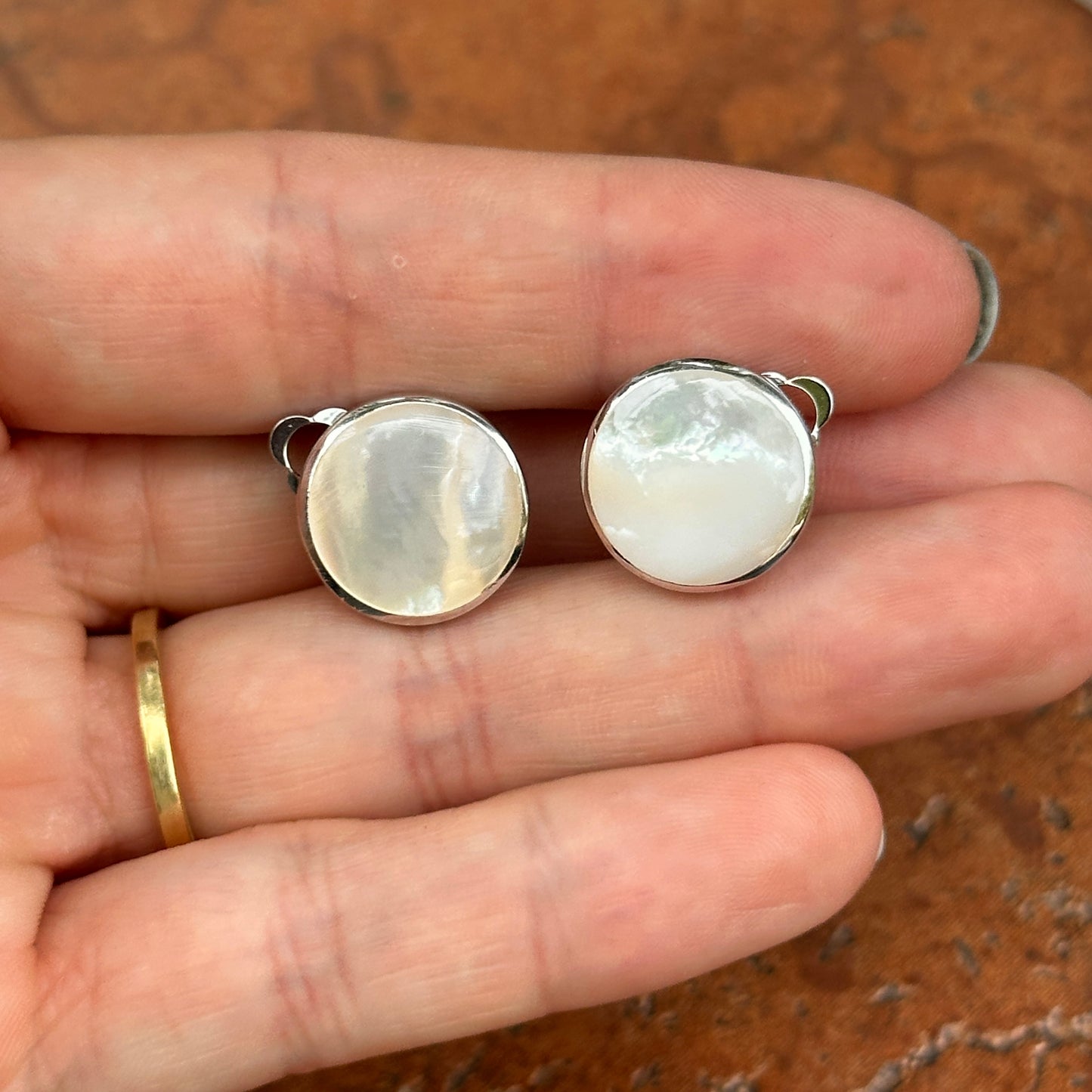 Sterling Silver Rhodium Plated Mother of Pearl Clip On Button Earrings