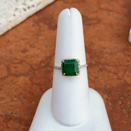 Estate 14KT Yellow Gold Square Emerald + Diamond Halo Ring Size 7.25