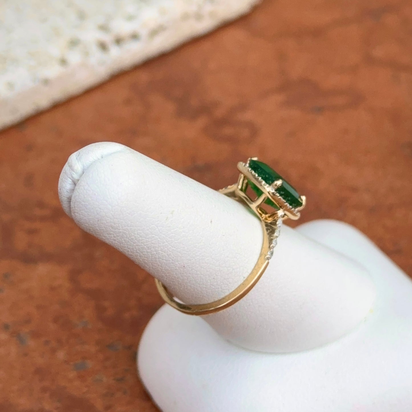 Estate 14KT Yellow Gold Square Emerald + Diamond Halo Ring Size 7.25