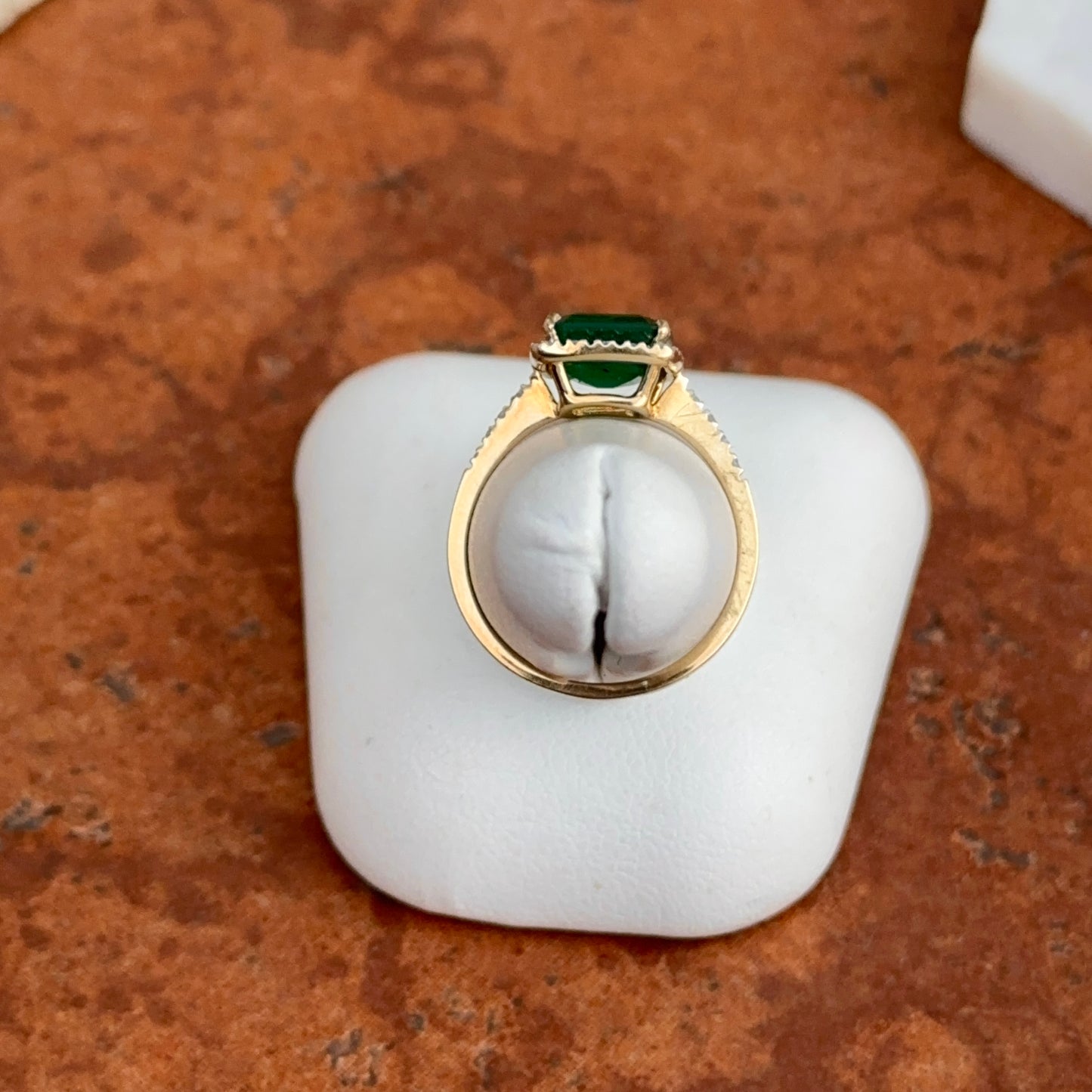Estate 14KT Yellow Gold Square Emerald + Diamond Halo Ring Size 7.25