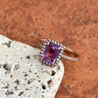 Estate 10KT Rose Gold Emerald Cut Amethyst + Round Diamond Halo Ring