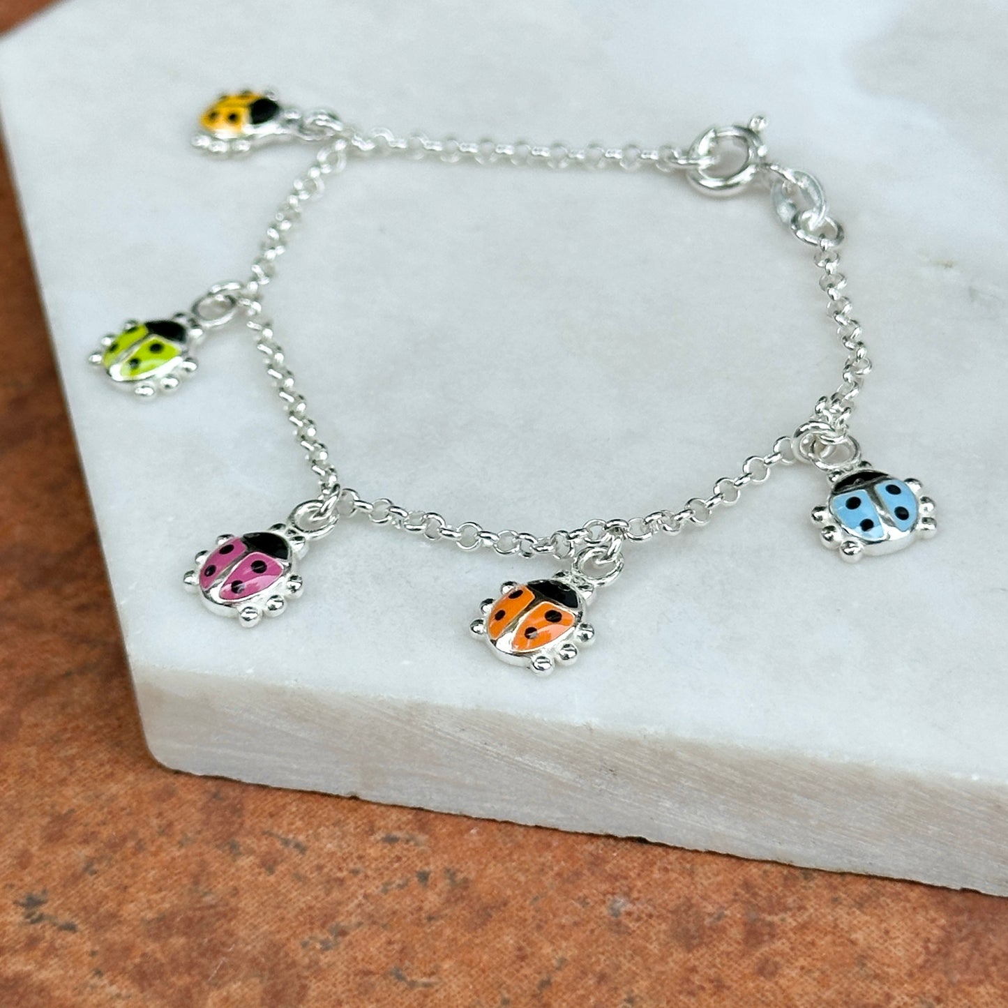 Sterling Silver Multi Color Enamel Mini Ladybug Chain Bracelet 6''