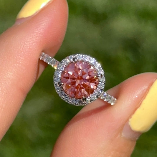 14KT White Gold 1.75 CT Round Fancy Pink Lab Diamond Halo Ring