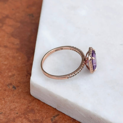 Estate 10KT Rose Gold Emerald Cut Amethyst + Round Diamond Halo Ring