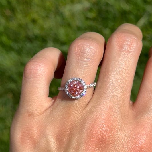 14KT White Gold 1.75 CT Round Fancy Pink Lab Diamond Halo Ring