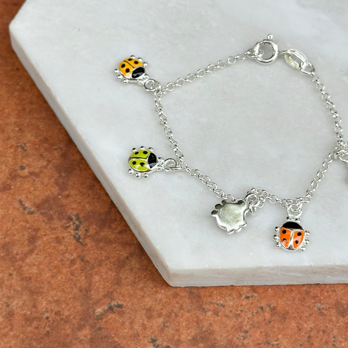 Sterling Silver Multi Color Enamel Mini Ladybug Chain Bracelet 6''