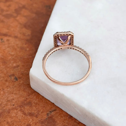 Estate 10KT Rose Gold Emerald Cut Amethyst + Round Diamond Halo Ring