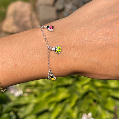 Sterling Silver Multi Color Enamel Mini Ladybug Chain Bracelet 6''