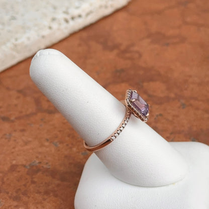 Estate 10KT Rose Gold Emerald Cut Amethyst + Round Diamond Halo Ring