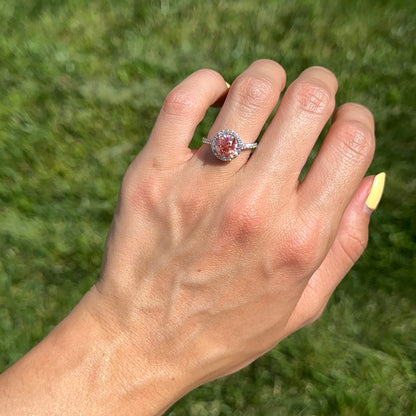 14KT White Gold 1.75 CT Round Fancy Pink Lab Diamond Halo Ring