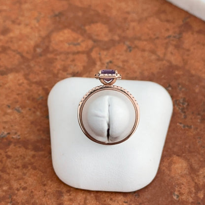 Estate 10KT Rose Gold Emerald Cut Amethyst + Round Diamond Halo Ring