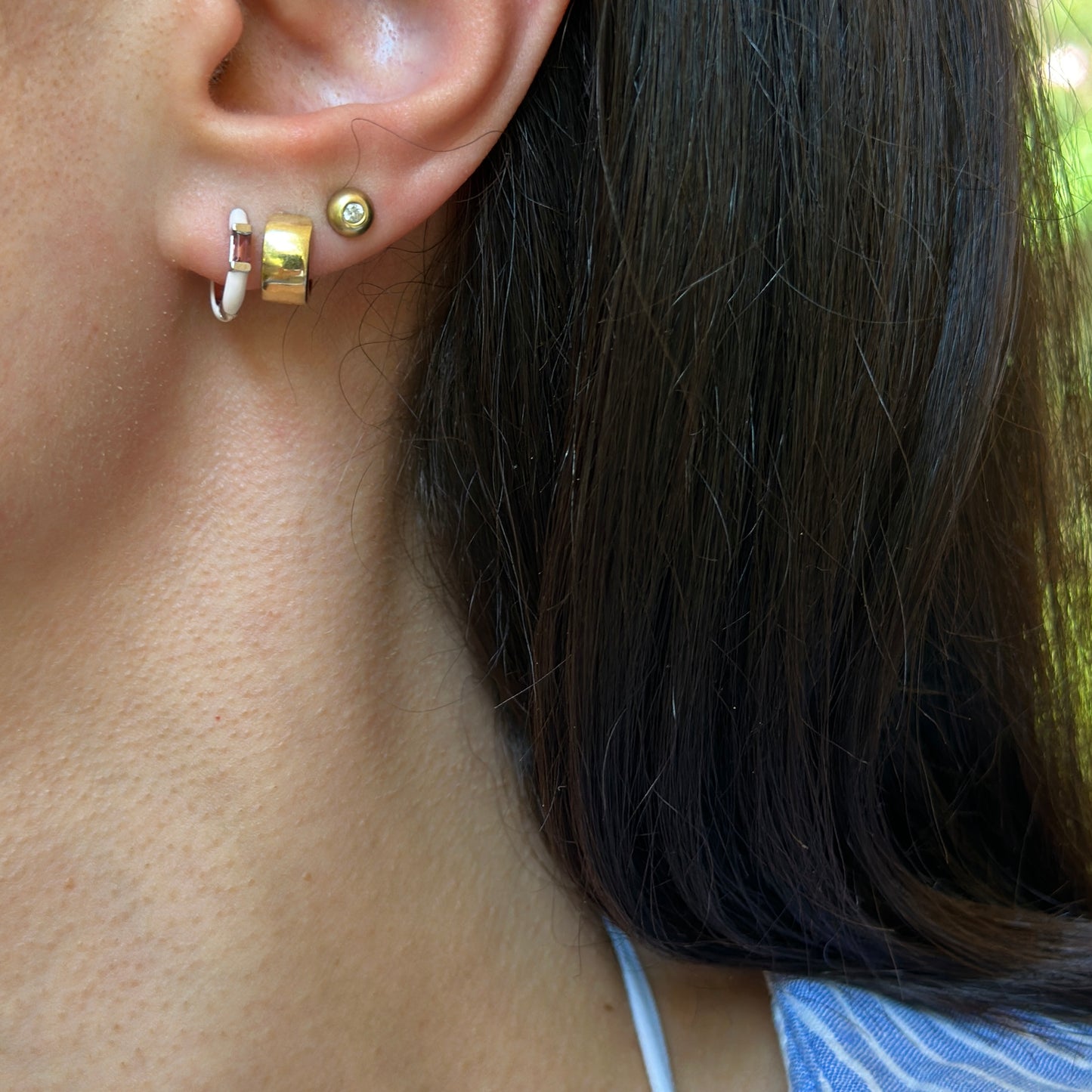 14KT White Gold Pink Enamel + Pink Tourmaline Huggie Hoop Earrings