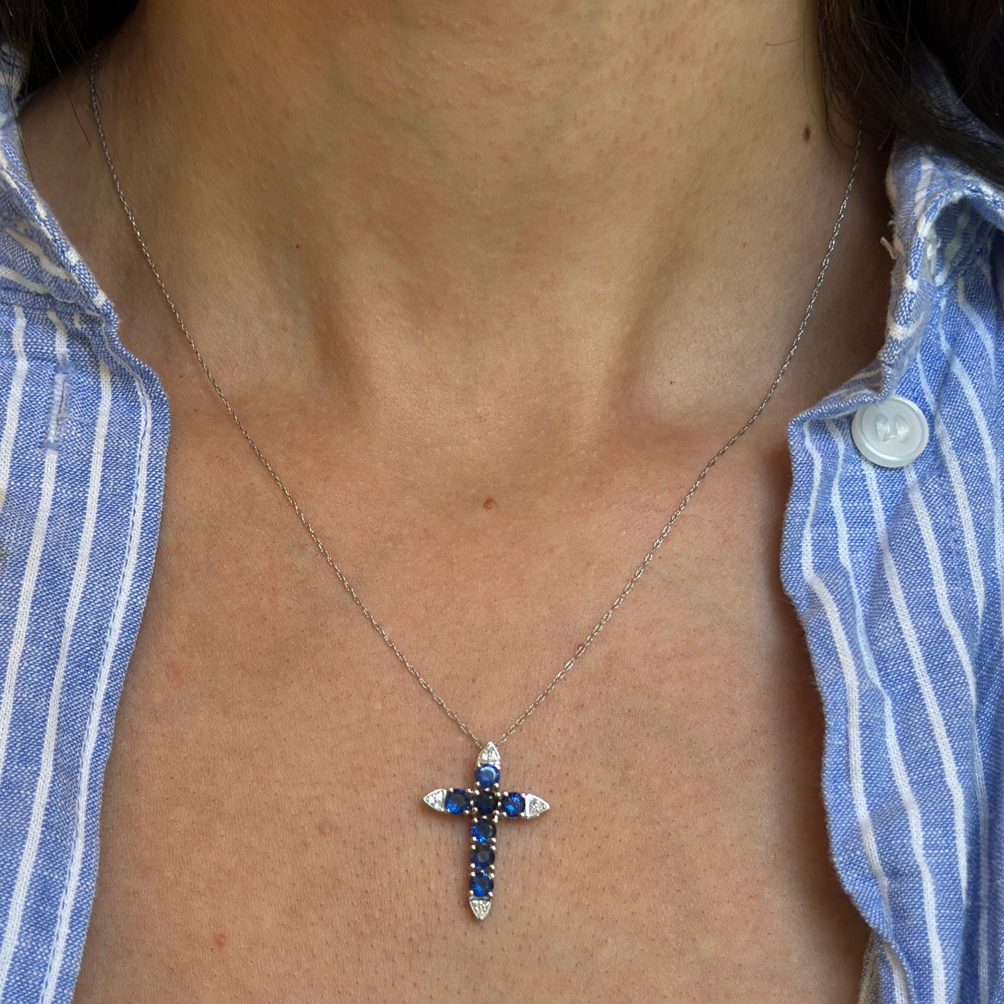 14KT White Gold Blue Sapphire + Diamond Cross Necklace