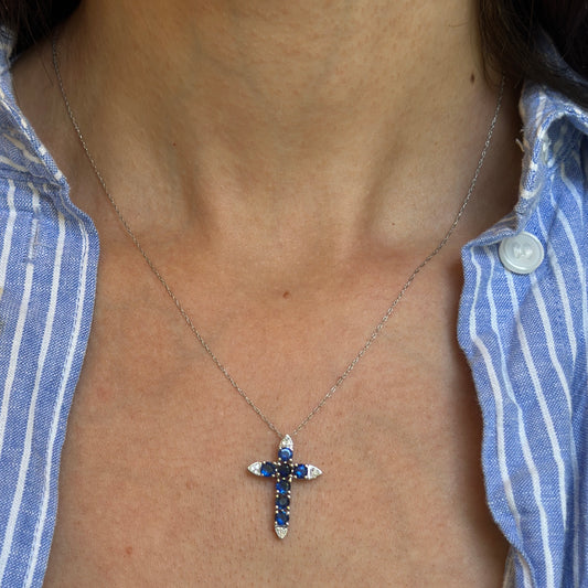 14KT White Gold Blue Sapphire + Diamond Cross Necklace