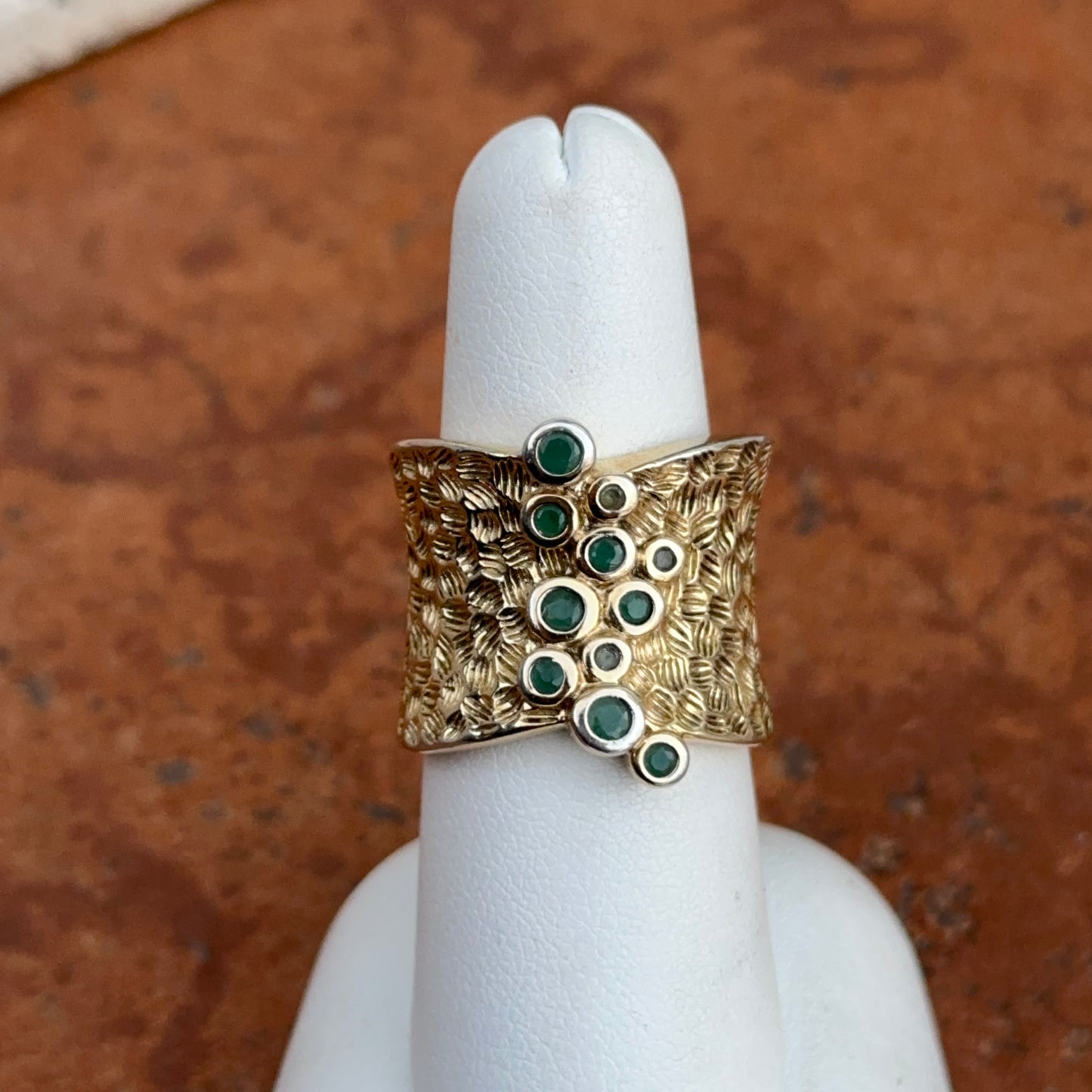 Estate Gold-Plated Sterling Silver Round Emeralds Bezel Textured Ring