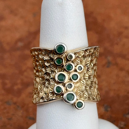 Estate Gold-Plated Sterling Silver Round Emeralds Bezel Textured Ring