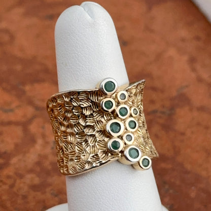 Estate Gold-Plated Sterling Silver Round Emeralds Bezel Textured Ring