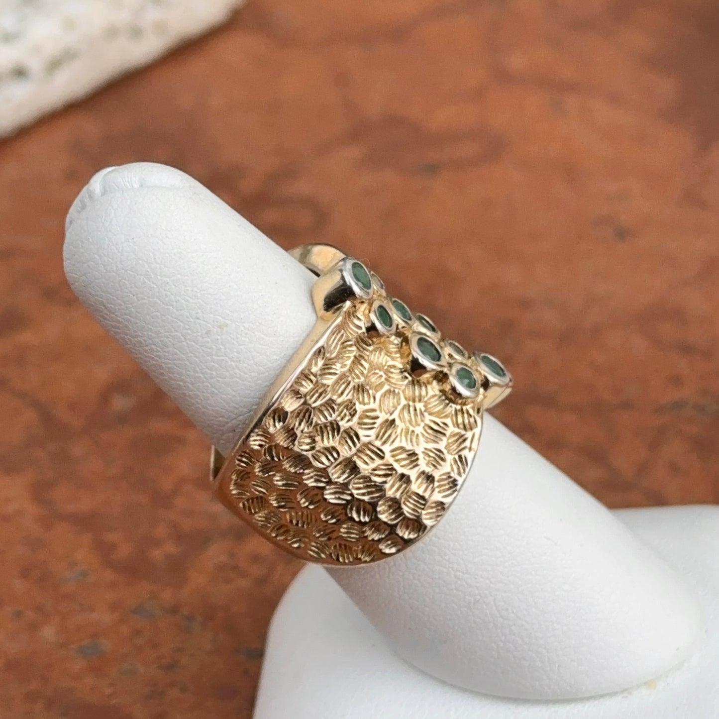 Estate Gold-Plated Sterling Silver Round Emeralds Bezel Textured Ring