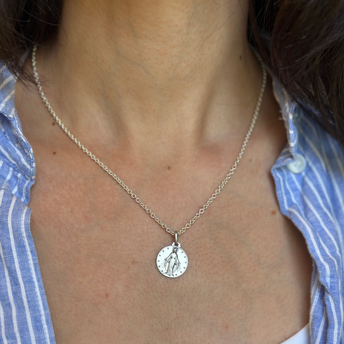Sterling Silver Miraculous Medal Round Pendant 16mm