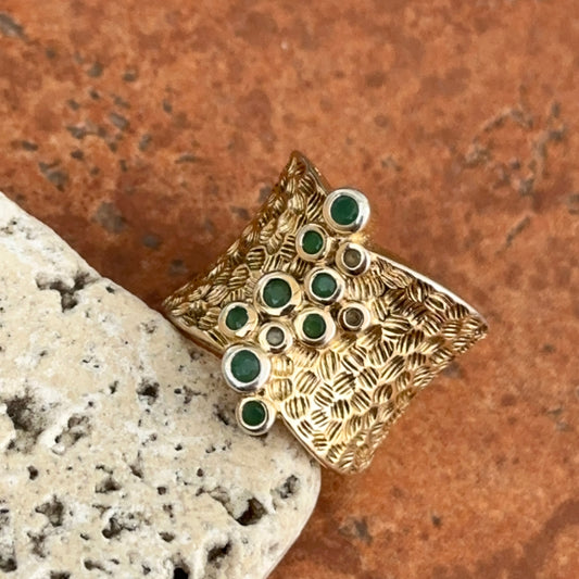 Estate Gold-Plated Sterling Silver Round Emeralds Bezel Textured Ring